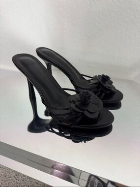 Black Floral Detail Women's High-Heel Sandals